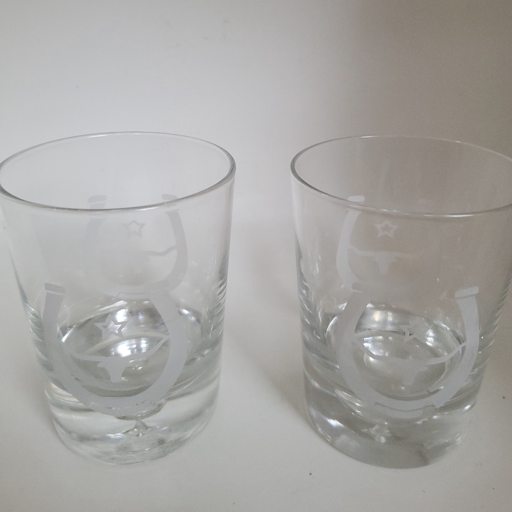 RAWHIDE Weighted GLASS TUMBLERS SET Of 2 HORSESHOE AND LONGHORN